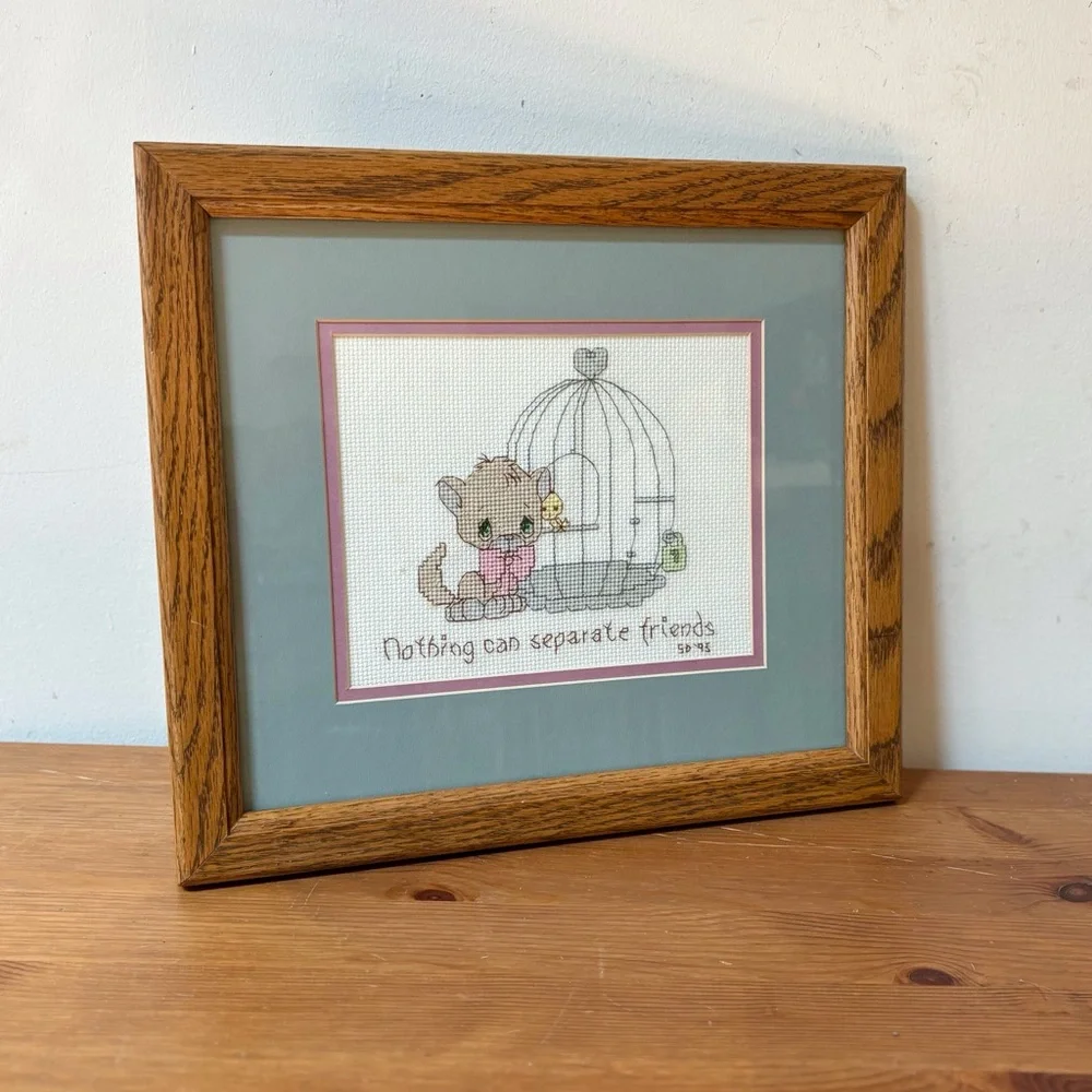 Vintage Framed Grandmacore Cat & Bird Friends Needlepoint Wallhanging